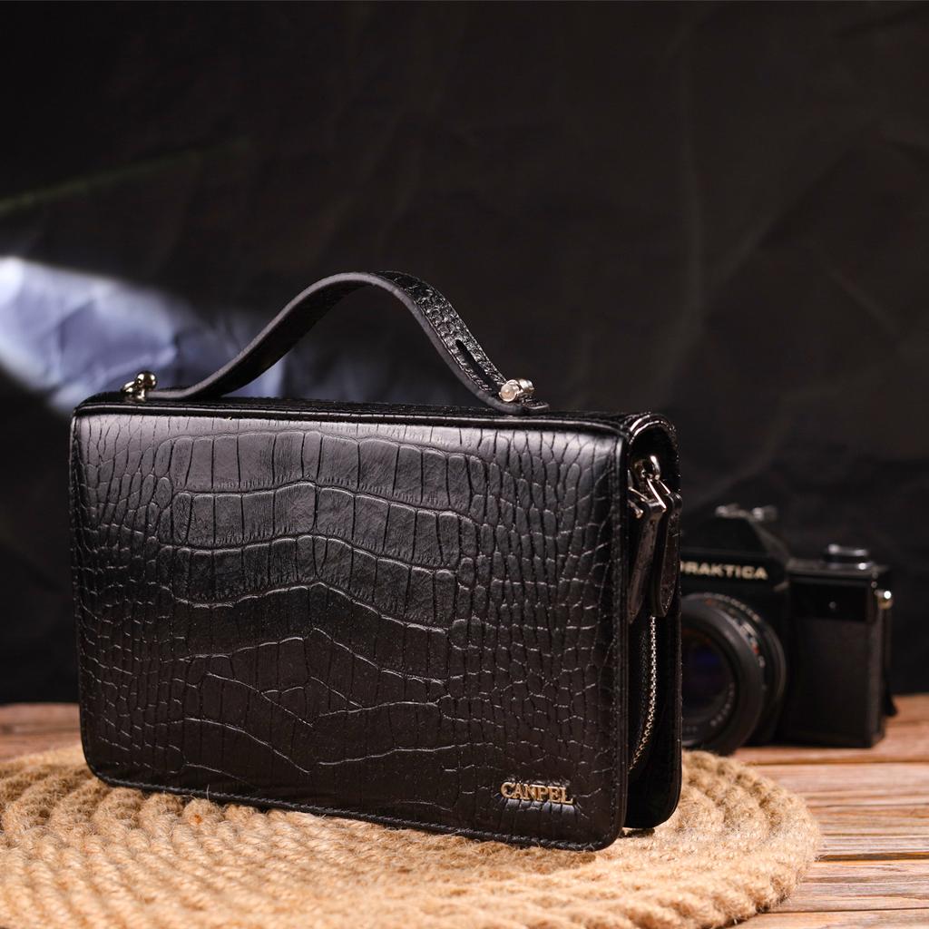 Stylish Men's Purse with Two Compartments Made of Genuine Textured Leather with Crocodile Embossing CANPELLINI 21570 Black