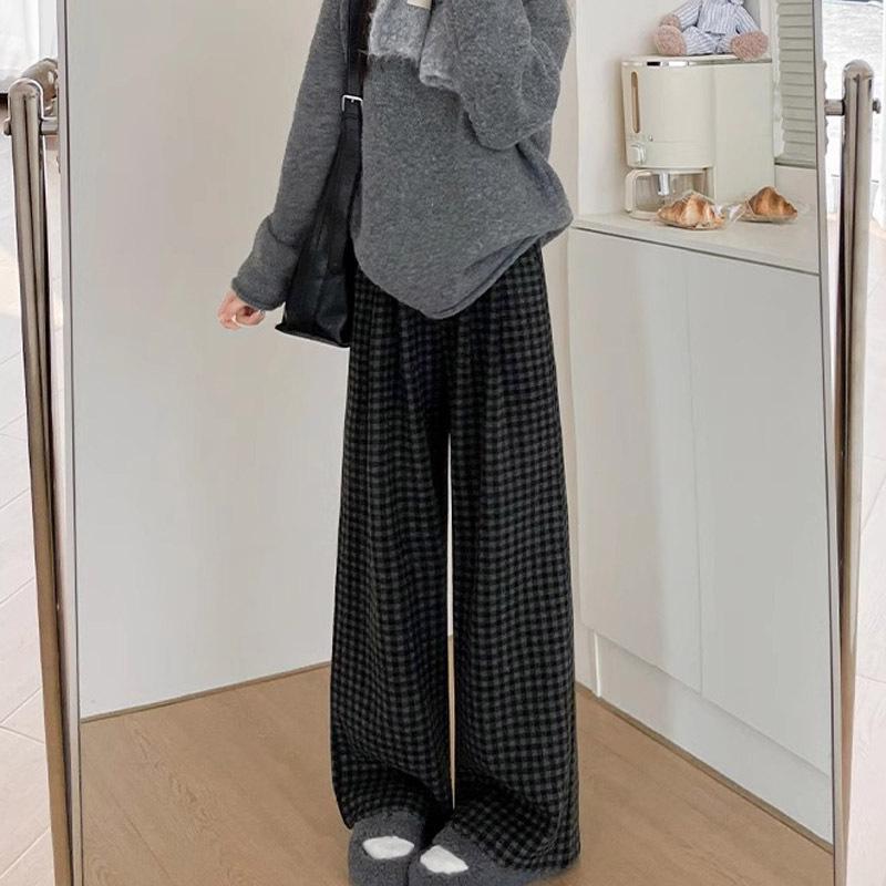 Women's Retro Plaid Wool Fleece-Lined Wide-Leg Pants - Casual Loose Fit for Autumn and Winter