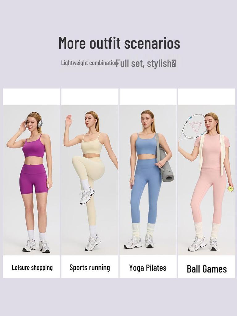 Bare-Feel Five-Piece Yoga Set: Long & Short Sleeve Tops, Chest Pads, Tight Slimming High-Waisted Pants.