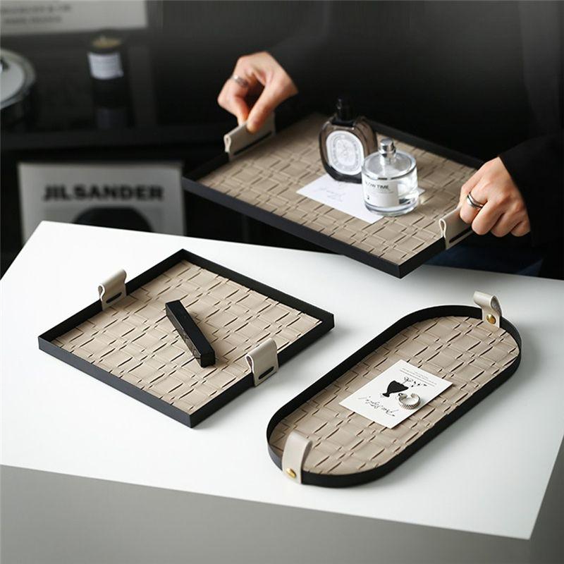 AEE4-Woven Storage Tray Iron Jewelry Desktop Storage Tray Cosmetic Key Jewelry Tray Metal Decorative Tray