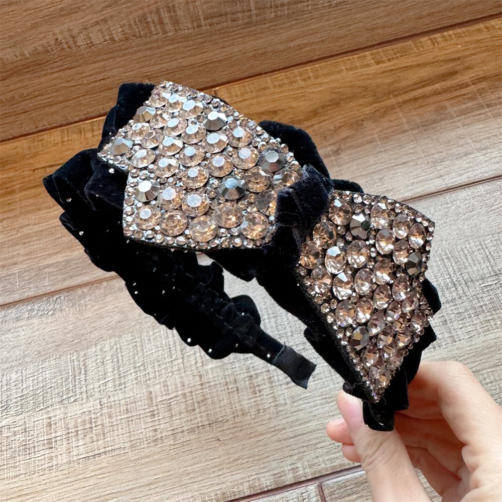 Women's Gold Velvet Pleated Sweet Style Headband Hot-Studded Large Bow Fully Rhinestone-Embellished Design High-Crown