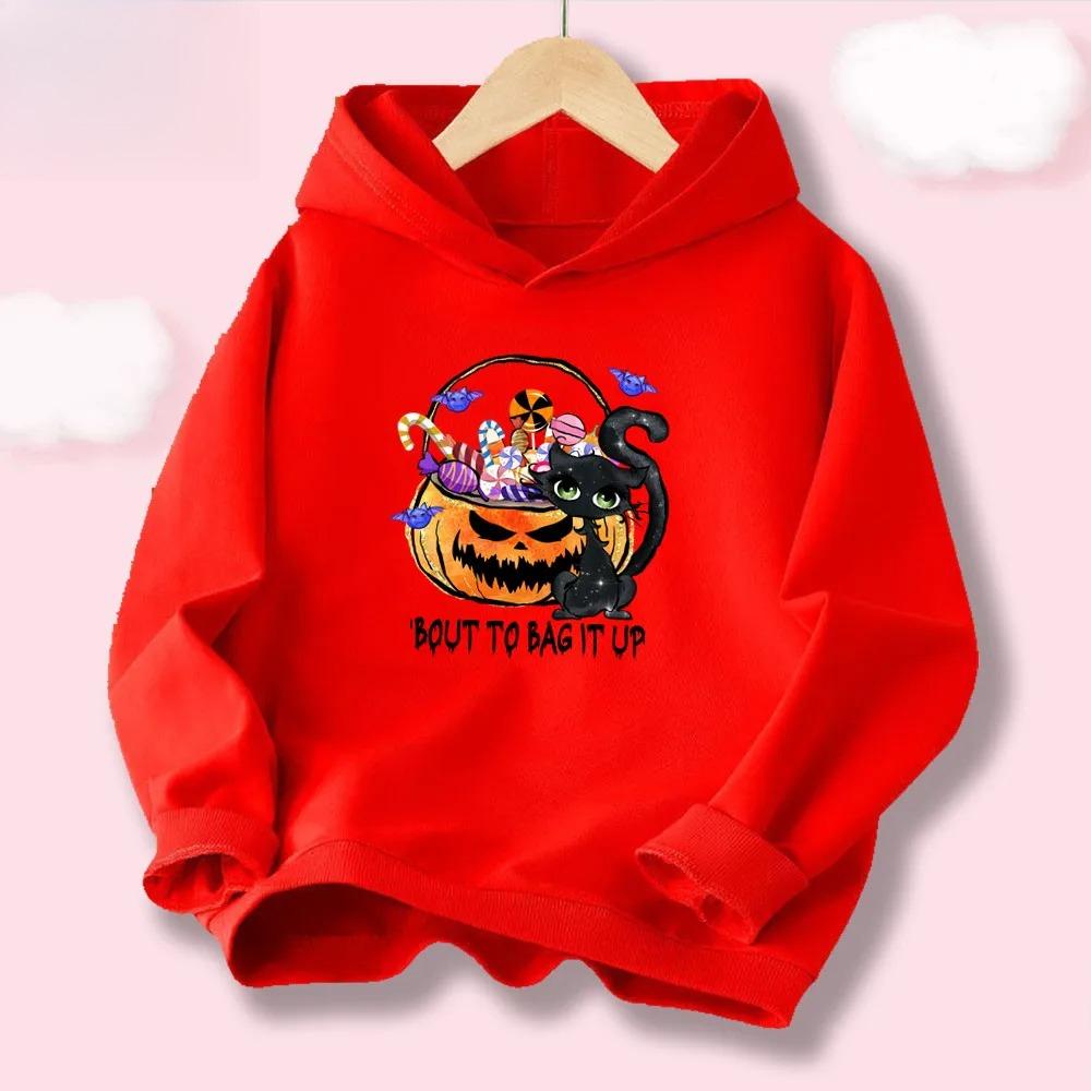 Halloween Kawaii Pumpkin Cartoon Print Children Hooded Sweatshirt Boy Girl Autumn Winter Daily Outdoor Casual Warm Sportswear
