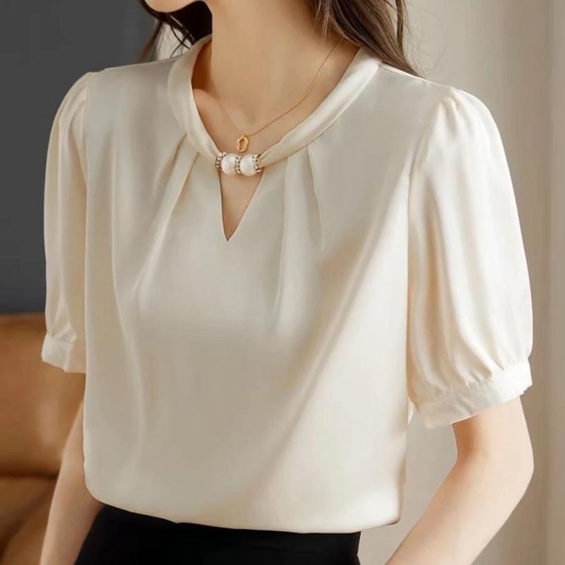 Women s Cream Satin Twist Neck Pearl Detail Puff Short Sleeve Commuter Blouse S