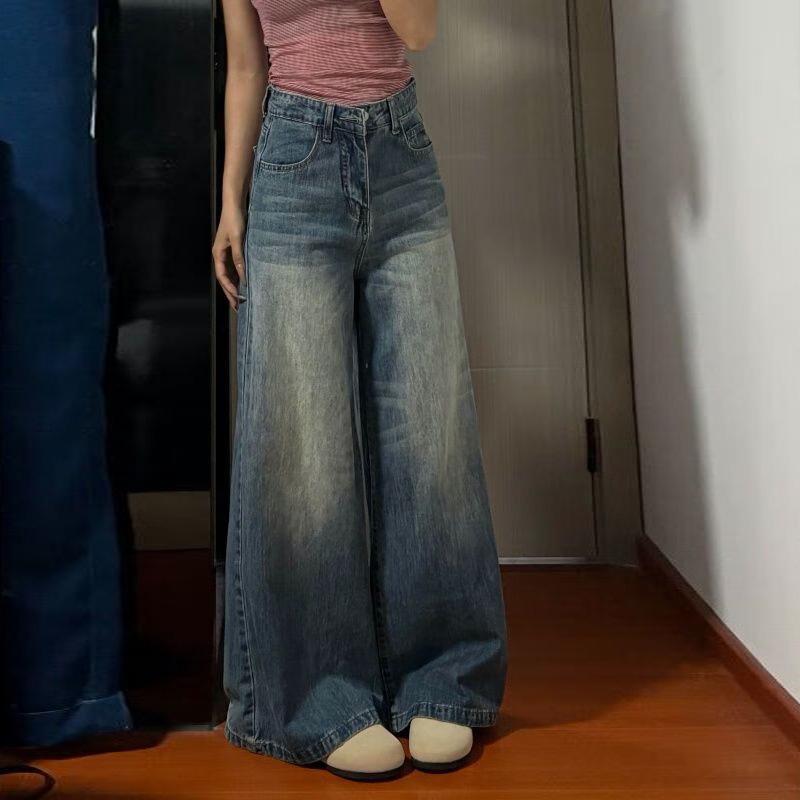 Women s Plus Size Retro High-Waisted Distressed Straight Leg Jeans - Slimming, Floor-Length, Wide-Leg L