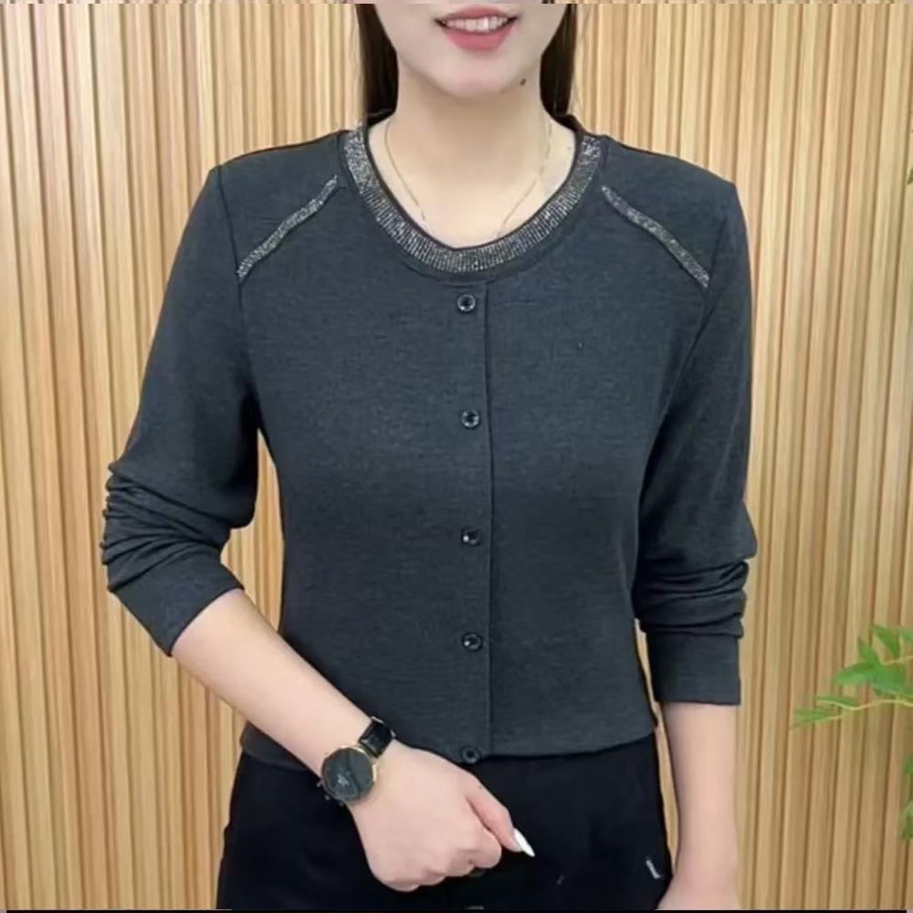 Autumn Winter Rhinestone Button Patchwork Fleece Round Neck Long Sleeve Warm Top for Middle-aged and Elderly Women