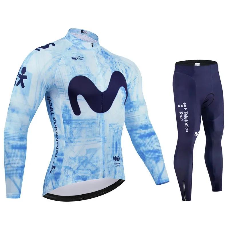 Movistar Herbst Pro Team Radtrikot 19D Trägerhosen-Set MTB Uniform Fahrradbekleidung Schnelltrocknend Fahrradkleidung Herren Langarm Radbekleidung