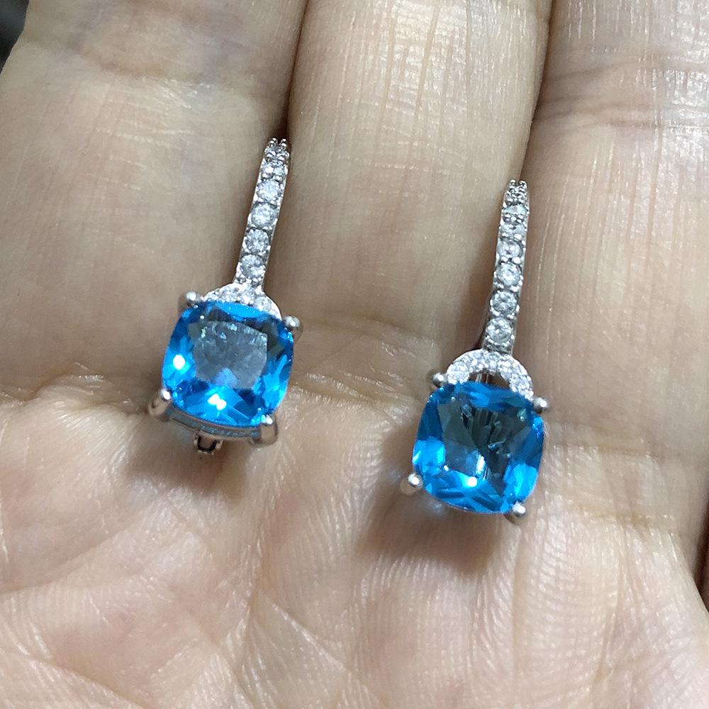 Elegant White Gold-Plated Copper Earrings with Blue and Princess Cut Zircon Inlays платиновый