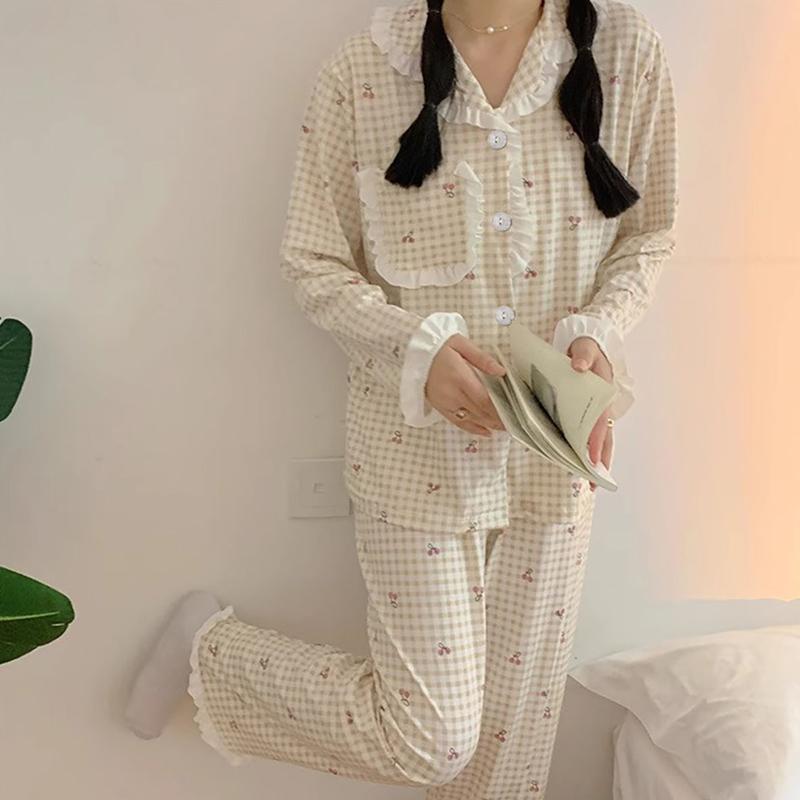 Korean Casual Style Women's Pajamas Set Lace Button Design Lapel Neck Pajamas for Women New Cherry Sweet Cute Print Sleepwear