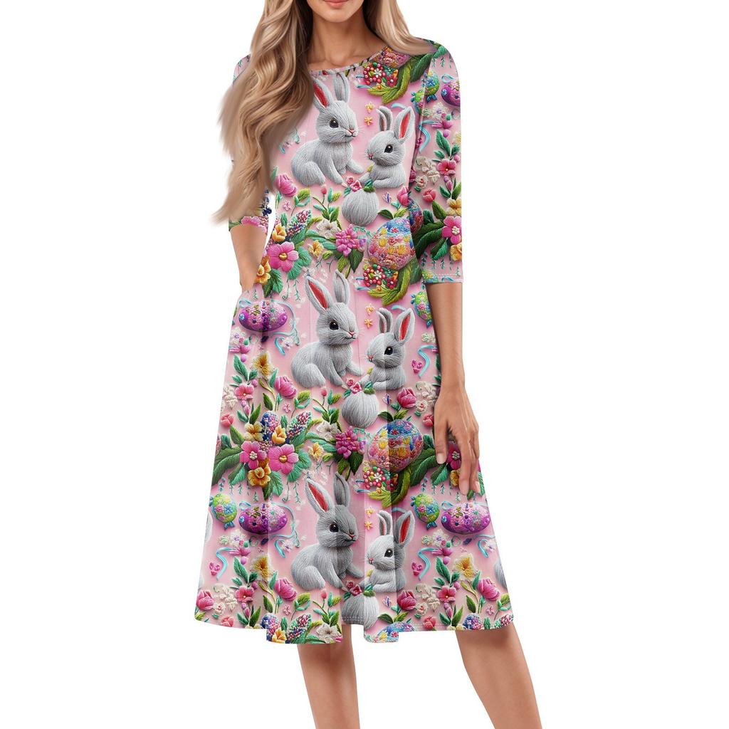Women's Loose Casual And Fashionable Round Neck Seven Quarter Sleeved Printed Mid Length Dress