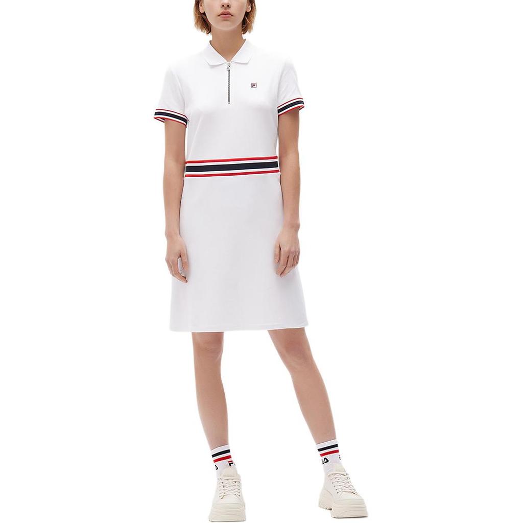 FILA Fitted Half-Zip Fashion Knit Dress With Stripe Details Women Dresses White F11W021310FWT