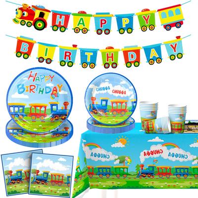 Tren Doğum Günü Partisi Malzemeleri,128 adet Tren Partisi Süslemeleri Sofra Takımı-Tren Tabakları ve Bardakları Peçeteler&Tren Doğum Günü Afişi vb. Tren Temalı Sofra Takımı