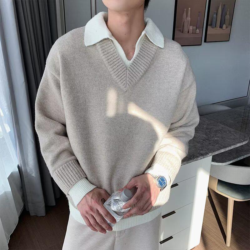 Men s Retro V-Neck Two-Piece Faux Lapel Heavyweight Knitwear Top M хаки