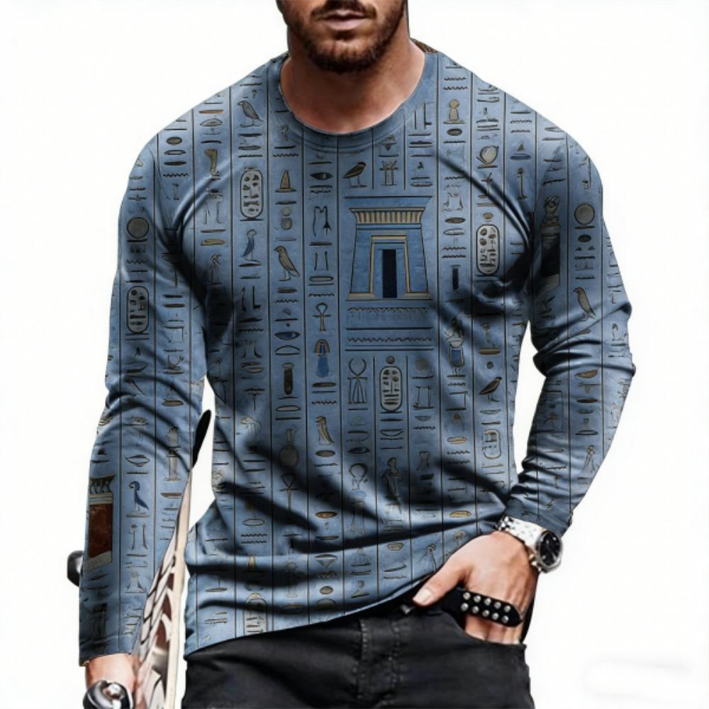 Spring Europe America Men's T-shirt Fashion Hieroglyphs Print Pullover Comfortable Men's Long Sleeve T-shirt Outdoor Oversized Tees Top