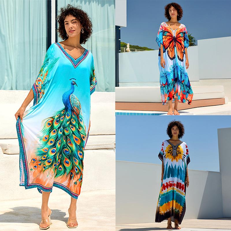 European & American Cotton Print Beach Cover-Up Long Dress - Plus Size Swimsuit Sunscreen Robe