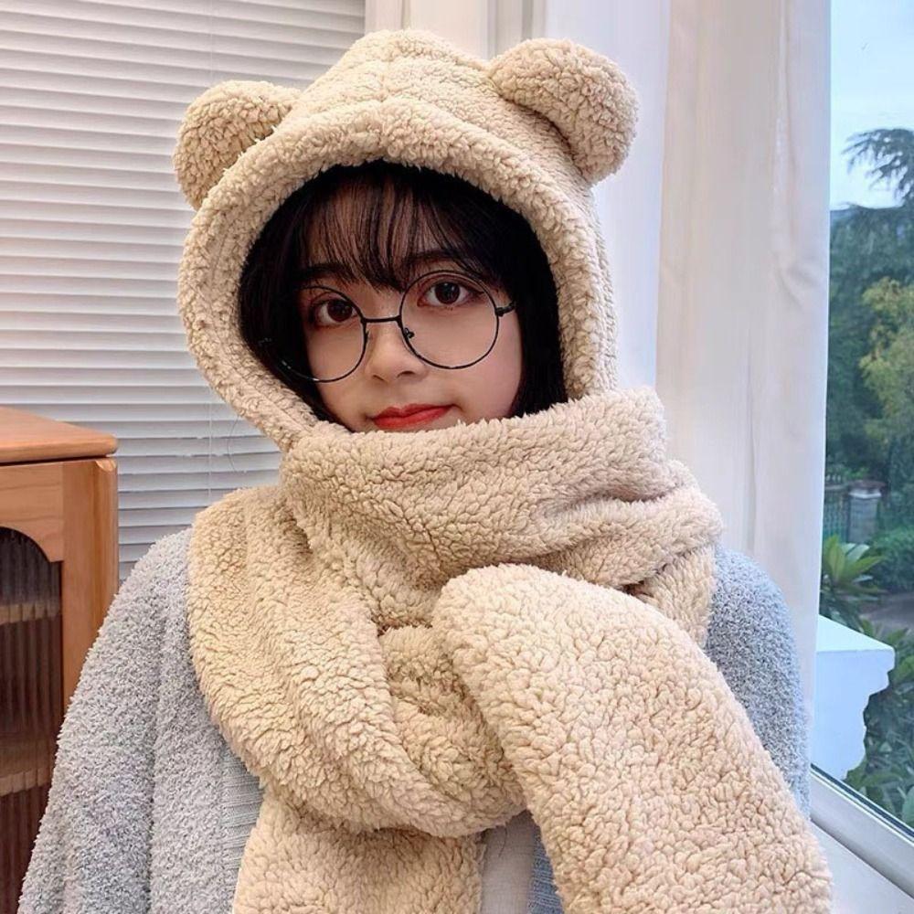 3 in 1 Plush Scarf Hat Gloves Earmuffs Fleece Scarves Hat Sweet Bear Ear Plush Beanie  Autumn