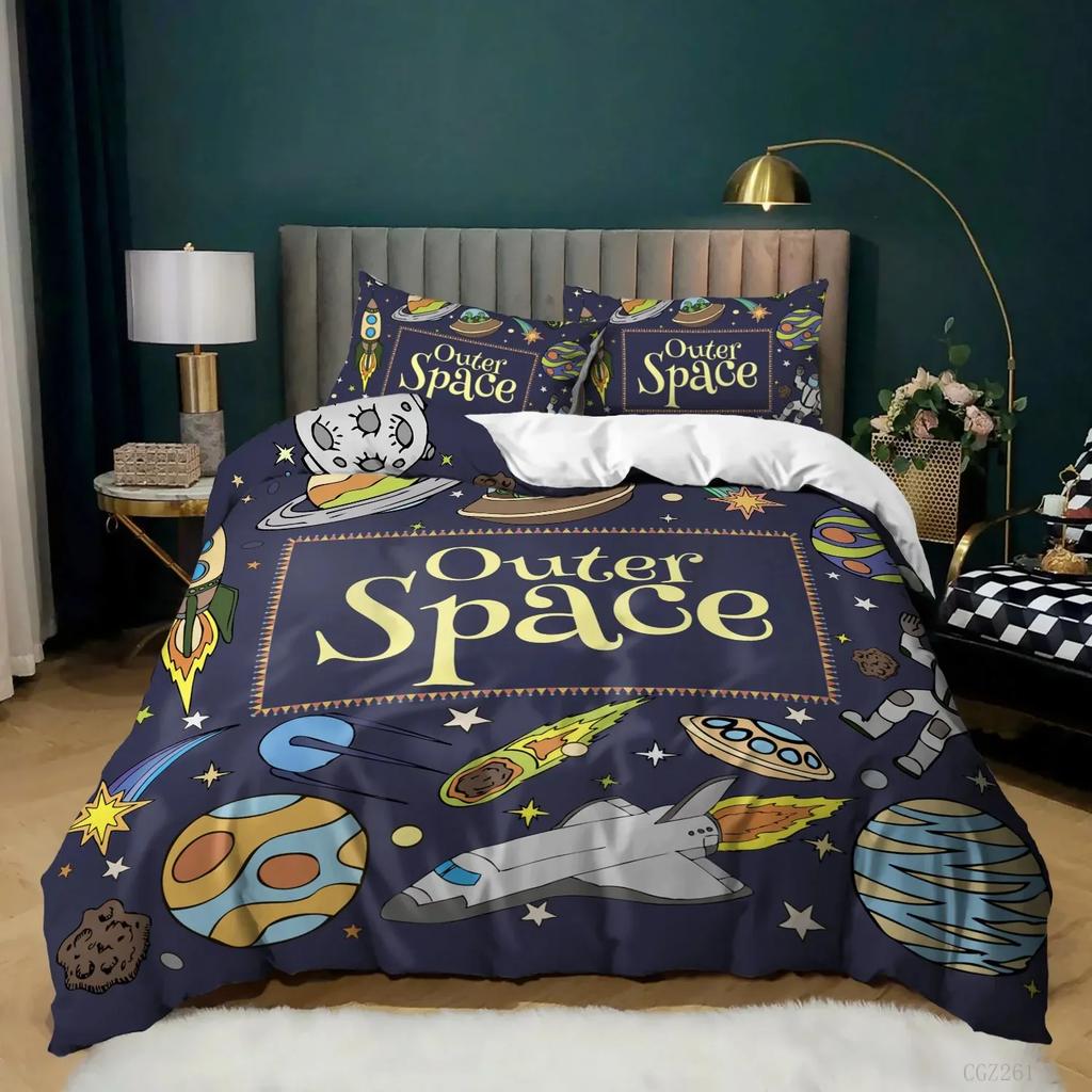Spacecraft Duvet Cover For Boys Kids Astronomy Bedding Set Microfiber Outer Space Adventure Colorful Spacecraft King Quilt Cover