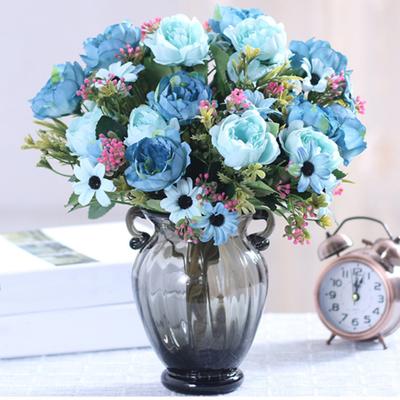 Simulated Peony Flower Realistic Artificial Bouquet with Green Leaves Branches No