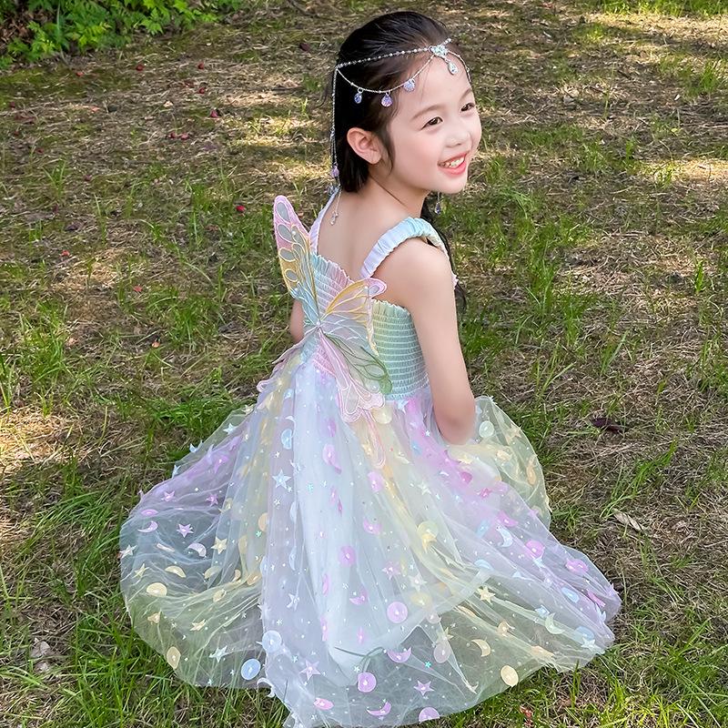 2024 Summer Girls Dreamy Elf Butterfly Rainbow Princess Dress 120 cm