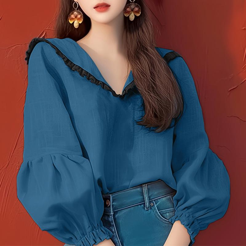 VONDA Women Casual Lace Lapel Long Sleeve Blouses