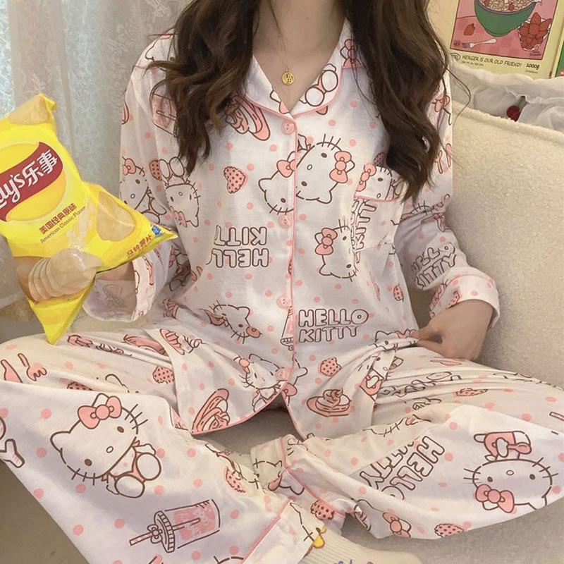 "Cute Dog Dachshund" ins cartoon spring and autumn striped pajamas women's cardigan long-sleeved loungewear autumn and winter suit