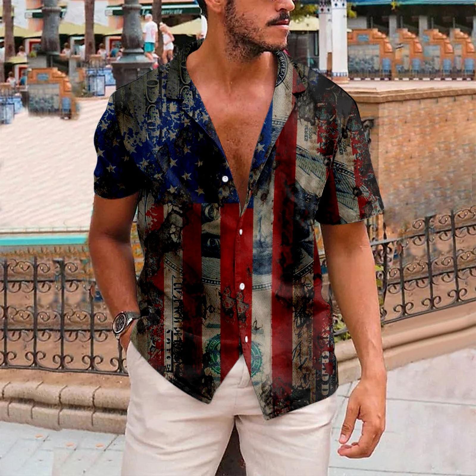 

Новая мужская рубашка с короткими рукавами и принтом ко Дню независимости Америки, повседневный пляжный топ, лето M хаки
