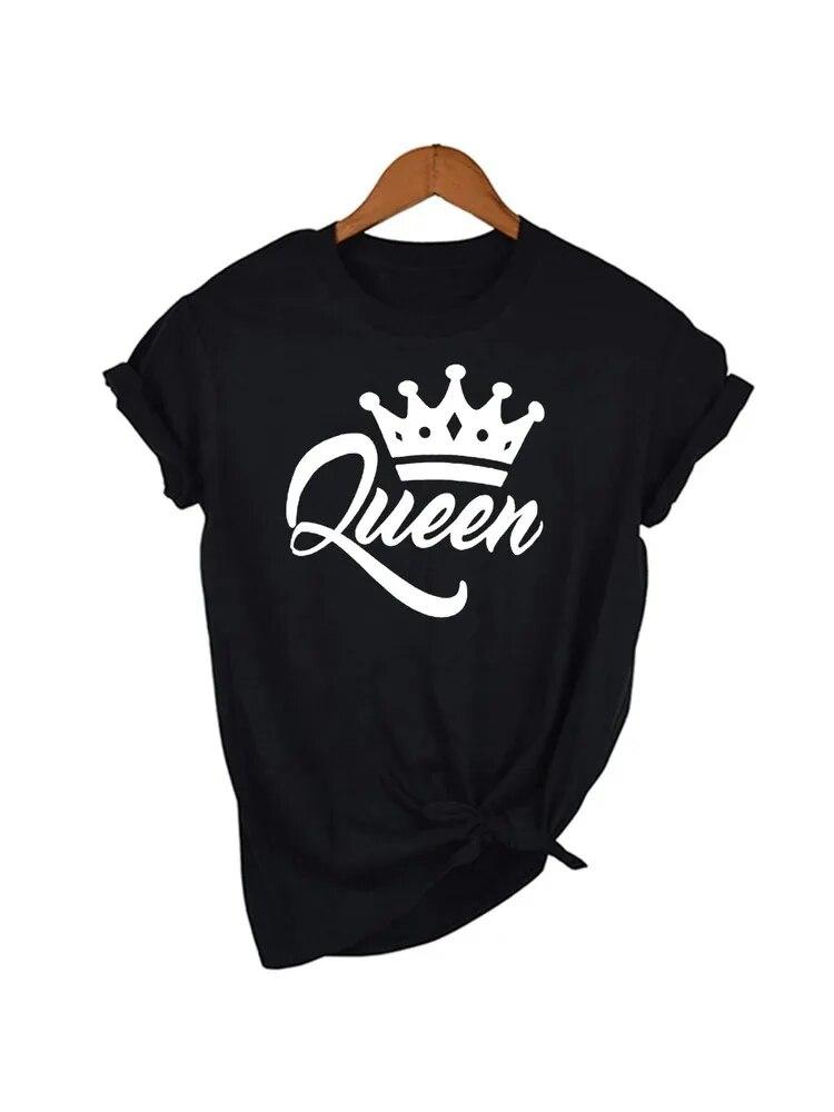 

Футболка из 100% хлопка KING QUEEN с принтом Короны, черно-белые футболки, летние повседневные футболки для влюбленных пар, топы, одежда унисекс 4XL