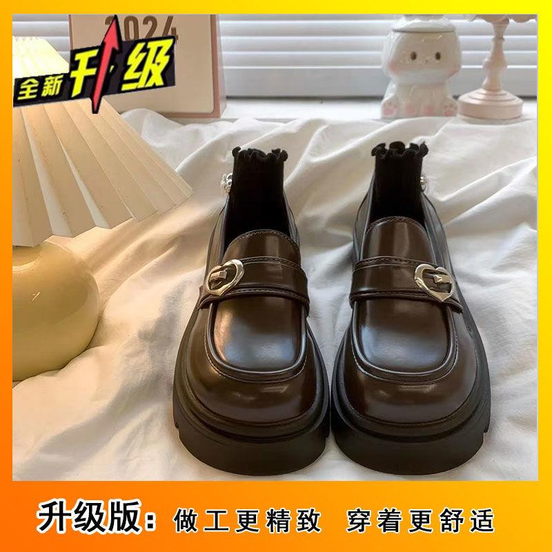 Mocasini retro negri cu o singură pedală, stil britanic de primăvară și toamnă 2024, cu platformă și toc gros, în stil francez, din piele, stil britanic