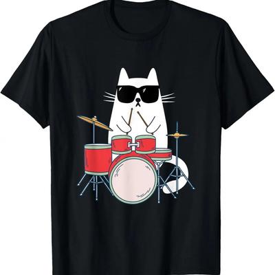 Grappige Kat met Zonnebril Drumspelende Drumstel Muzikant T-shirt