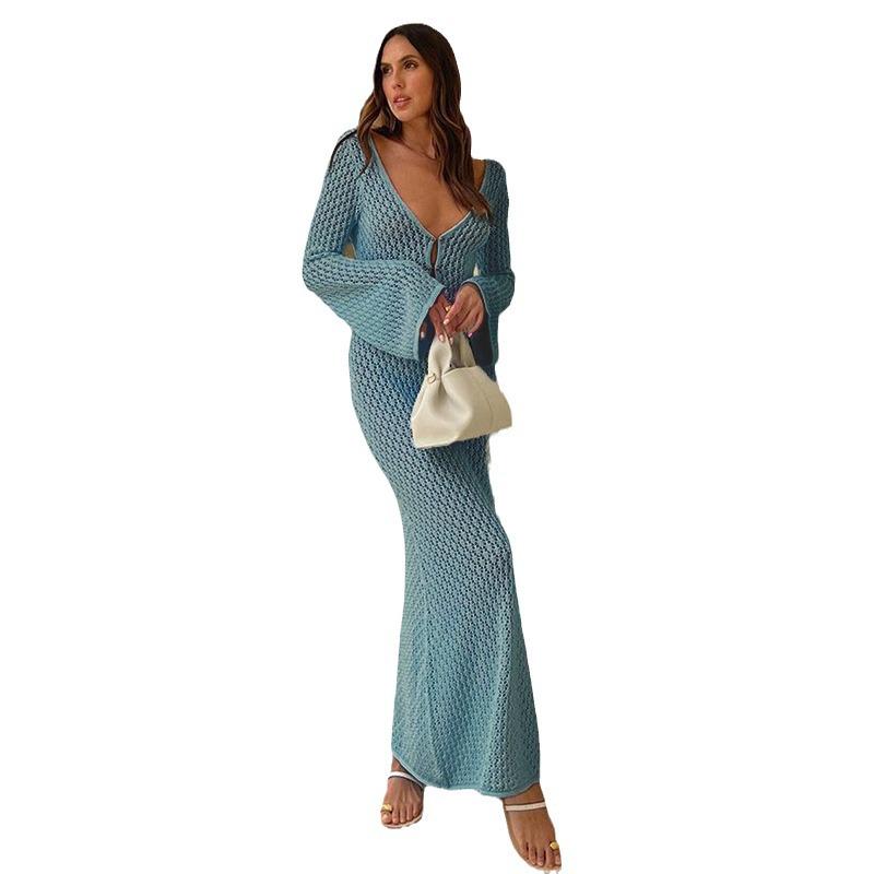 European & American Autumn/Winter Sexy Backless Knitted Long Dress Beach Cover-up