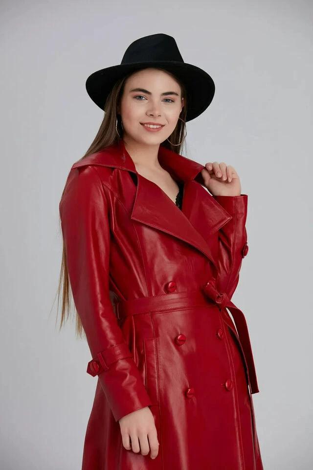 Trench Coat Real Lambskin Stylish Long Coat Handmade Formal RED Women Leather