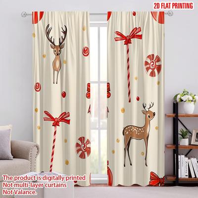 2pcs,2D Plane Printing Popular Curtains Christmas Bows Reindeer Candies Baubles (4) Polyester Woven (without Rod) Holiday