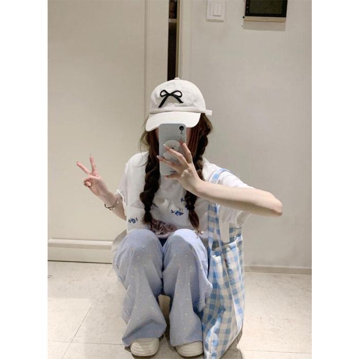 Women's High Waist Wide Leg Pants Straight Leg Trousers Minimalist Summer Gingham Dot Print Drawstring Dopamine Casual Bottoms