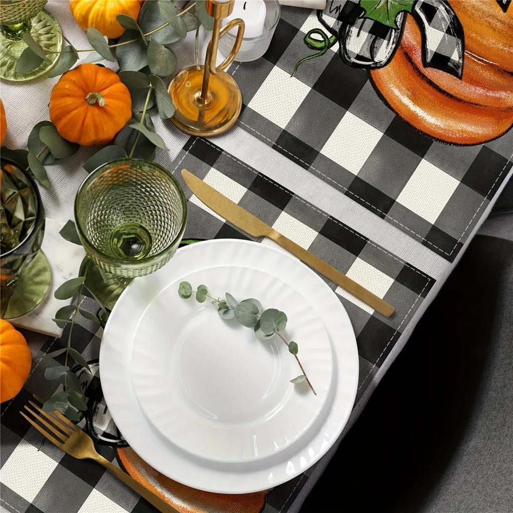 1PC Thanksgiving Halloween Pumpkin PlaceMat Watercolor Checkered Bow Design Linen Meal Mat Full of Festival Atmosphere Durable
