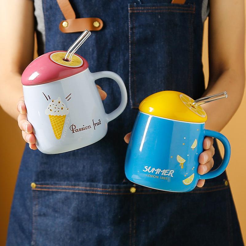 Creative Mugs Ins Fresh Fruit Ceramic Cups Office Home Large Capacity Straw Cups  Souvenir Cups