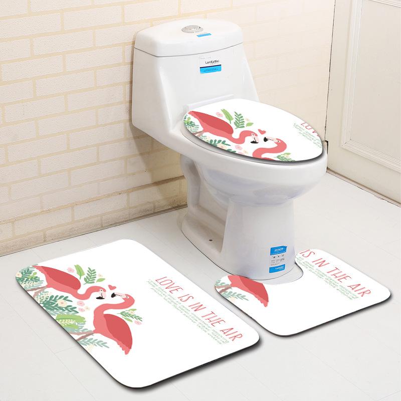 European And American Style Pink Cute Animal Flamingo Floor Mat Carpet Girl Heart Hand-Painted Illustration Toilet Three-Piece Set