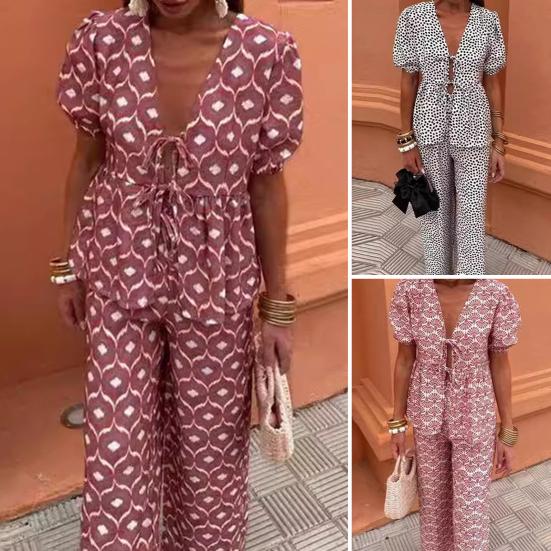 

2 шт./компл., женская рубашка, комплект брюк, кардиган с V-образным вырезом, топ с короткими рукавами и принтом на шнуровке, широкие свободные брюки, повседневная одежда, одежда для поездок на работу L черный белый