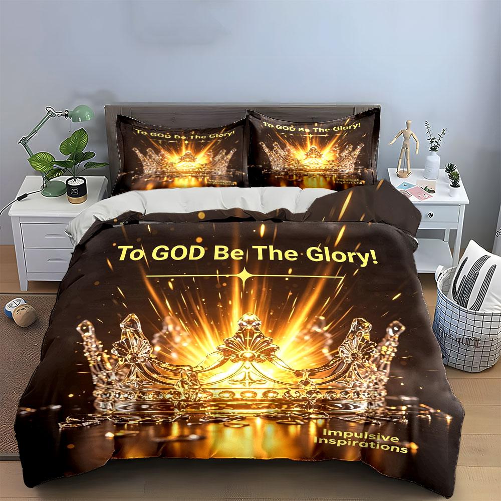 Christian Crystal Crown Glory To God Bedding Set,Golden Light Sparkle Broken Crystal Crown Verse Print Religious 3PC, Home Decor 135x200cm