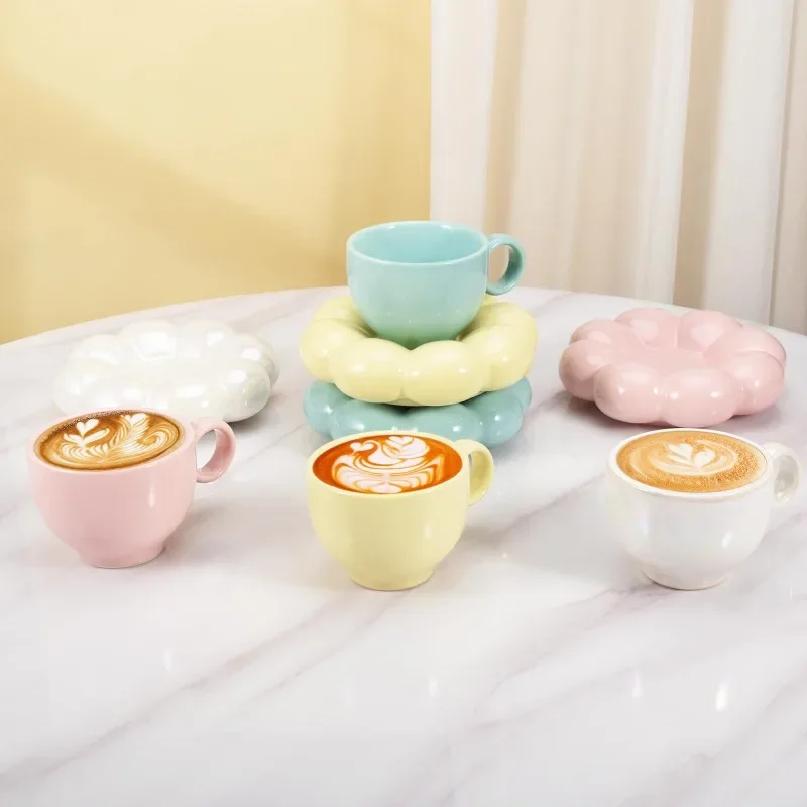 Ceramic Cloud Coffee Mug Sets Creative Flowers Saucer Mug Exquisite Office Afternoon Tea Cups Kitchen Drinkware Home Accessories