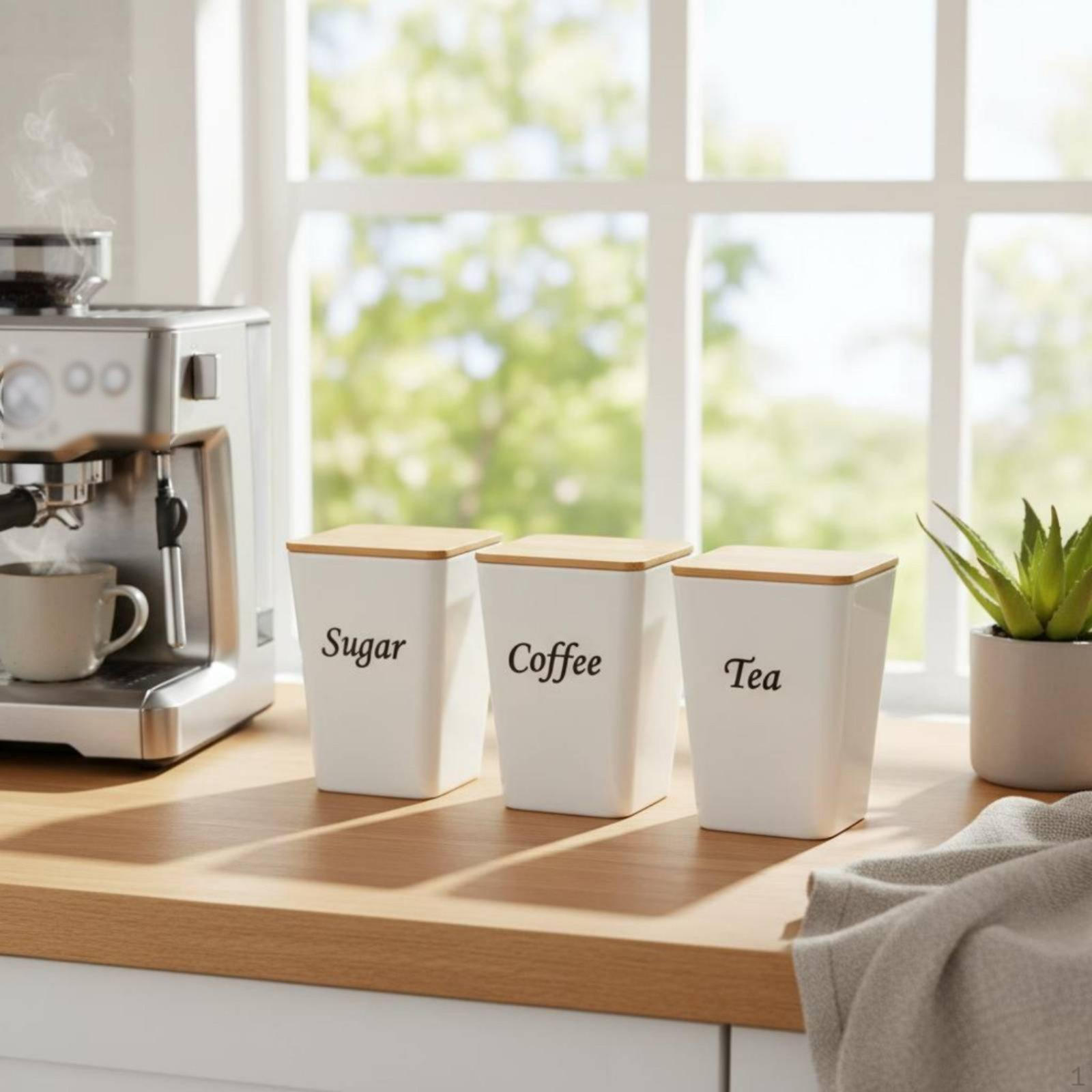 3 Pieces Kitchen Canister Set Script Labels Bamboo Lid Rectangular Tin White White Bamboo Lid