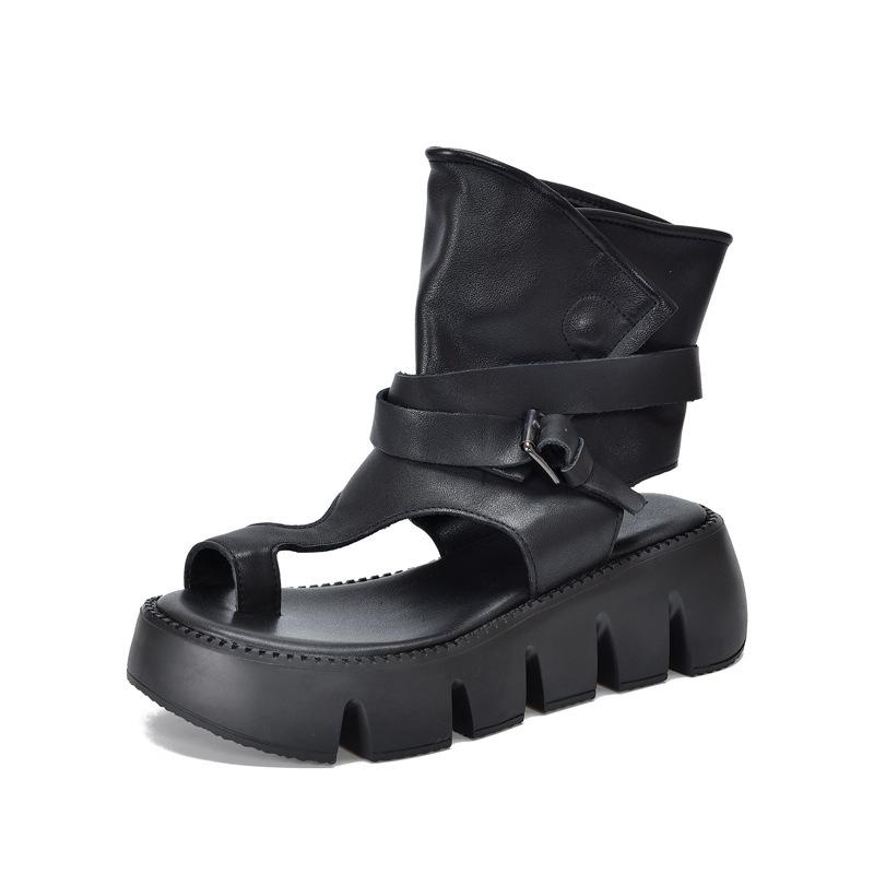 

Johnature Peep Toed Thick Soled Women s Sandals Genuine Leather Belt Buckle Roman Platform Shoes 40 чорний