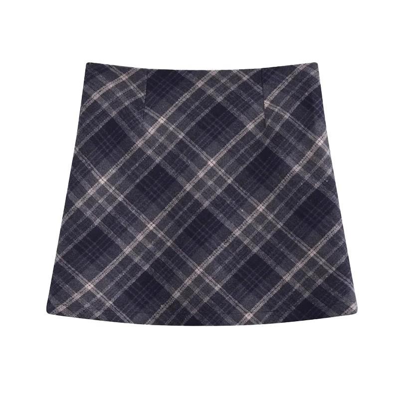 High Waist Retro Woolen Plaid A-line Skirt for Women (Spring/Autumn/Winter)