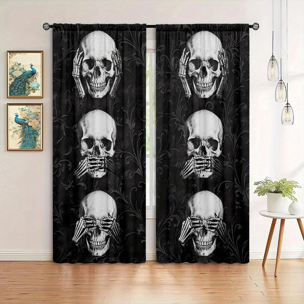 2 Stück Drei Weise Schädel Bedruckter Vorhang für Heimdekoration - Stangentasche Fensterdekoration für Schlafzimmer, Büro, Küche und Wohnzimmer