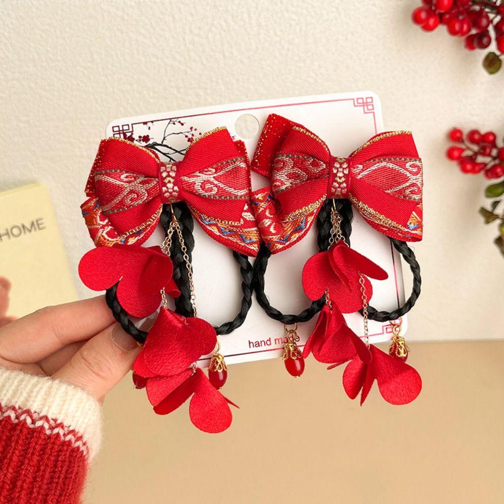 2 szt. Nowy rok nakrycie głowy Hanfu klips boczny w stylu chińskim peruka warkocz szpilka dziecięca kokardka szpilka do włosów dziewczyny