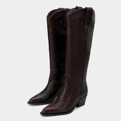 Chunky Heel Knee High Boots Women Spring Autumn Leather Shoes Ladies Western Cowboy Boottes British Style Pointed Toe Long Boot