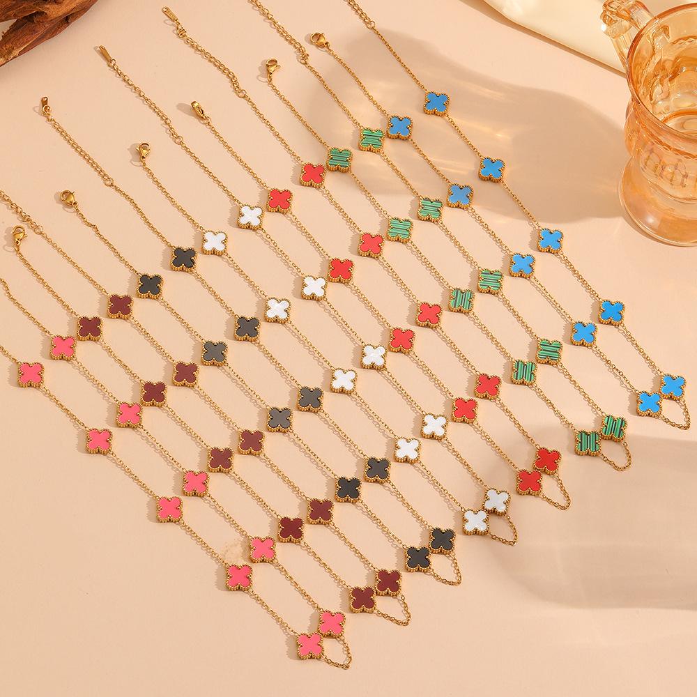 Four leaf clover stainless steel small flower double-sided shell pendant necklace