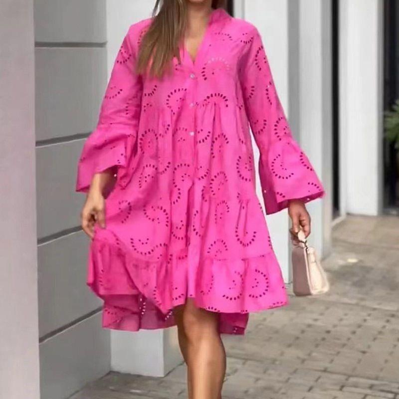 

Cross Border Vneck Loose Lace Large Swing Dress Rose Red S