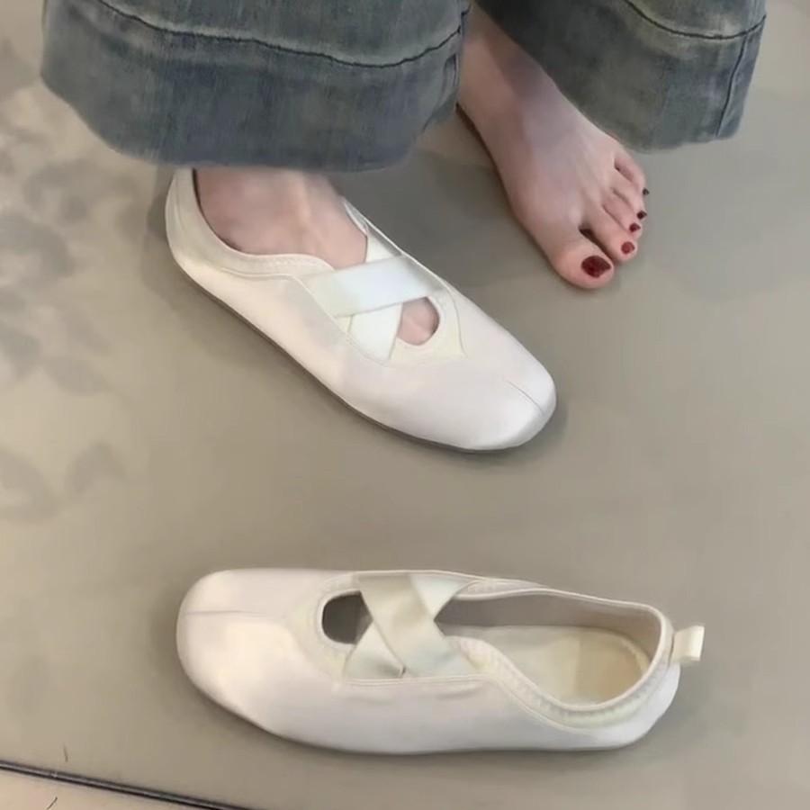 Soft Leather Version~ French Gentle Wind Flat Shoes Crossed Ballet Single Shoes Women's Round Head One Pedal Mary Jane Shoes