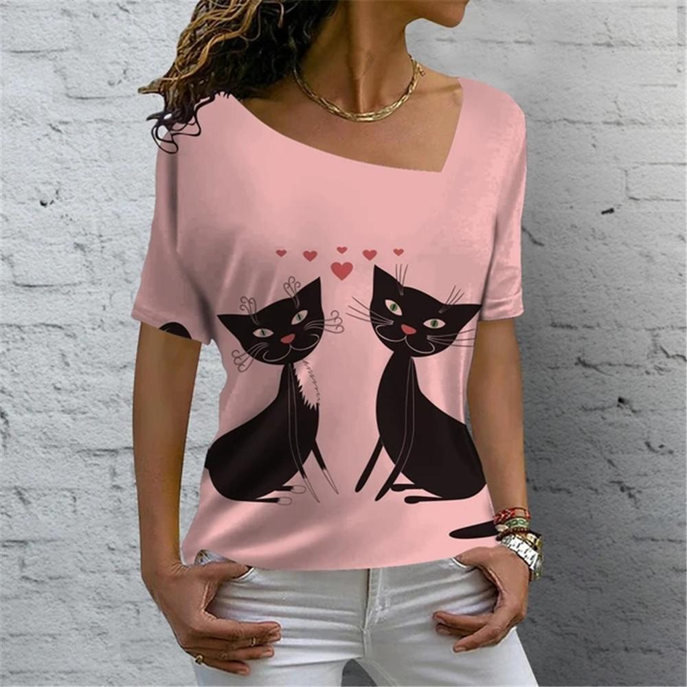 Kreslená kočka Digitální 3D tisk Dámské tričko Krátký rukáv Léto Ležérní Šikmý límec Personalizované Žena Dámské topy Oblečení