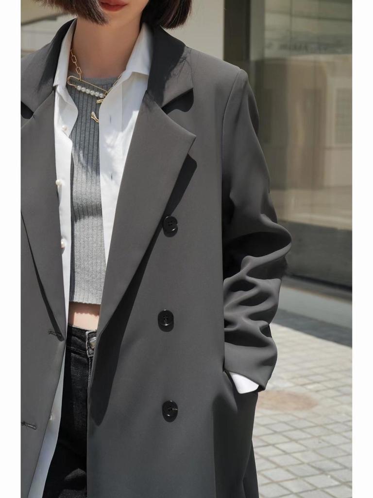 High-End Grå Extra Lång Dam Trenchcoat i Kostymstil - Höst/Vinter 2025 Ny Populär Brittisk Retro Överrock