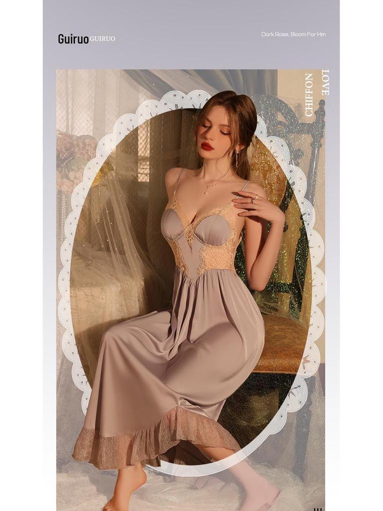 Elegant Satin & Lace Deep V Backless Nightgown and Robe Set J3343
